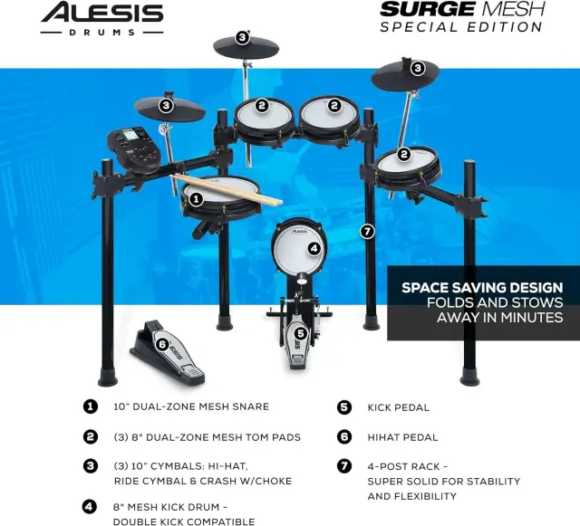 Bateria Elétrica Alesis Surge SE Kit com Conectividade USB MIDI e Cabeçotes de Malha Silenciosos