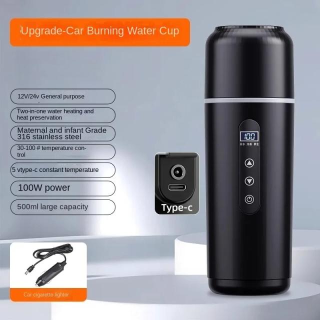 Copo de aquecimento portátil para carro, 12v 24v, 500ml, tela sensível ao toque de aço inoxidável, display digital, garrafa aquecedora de água, copo térmico, chaleira de carro