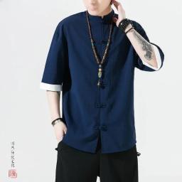 Camisa de linho masculina de verão botões manga de cinco pontos tang terno estilo antigo algodão linho hanfu zhongshan terno - Image 2