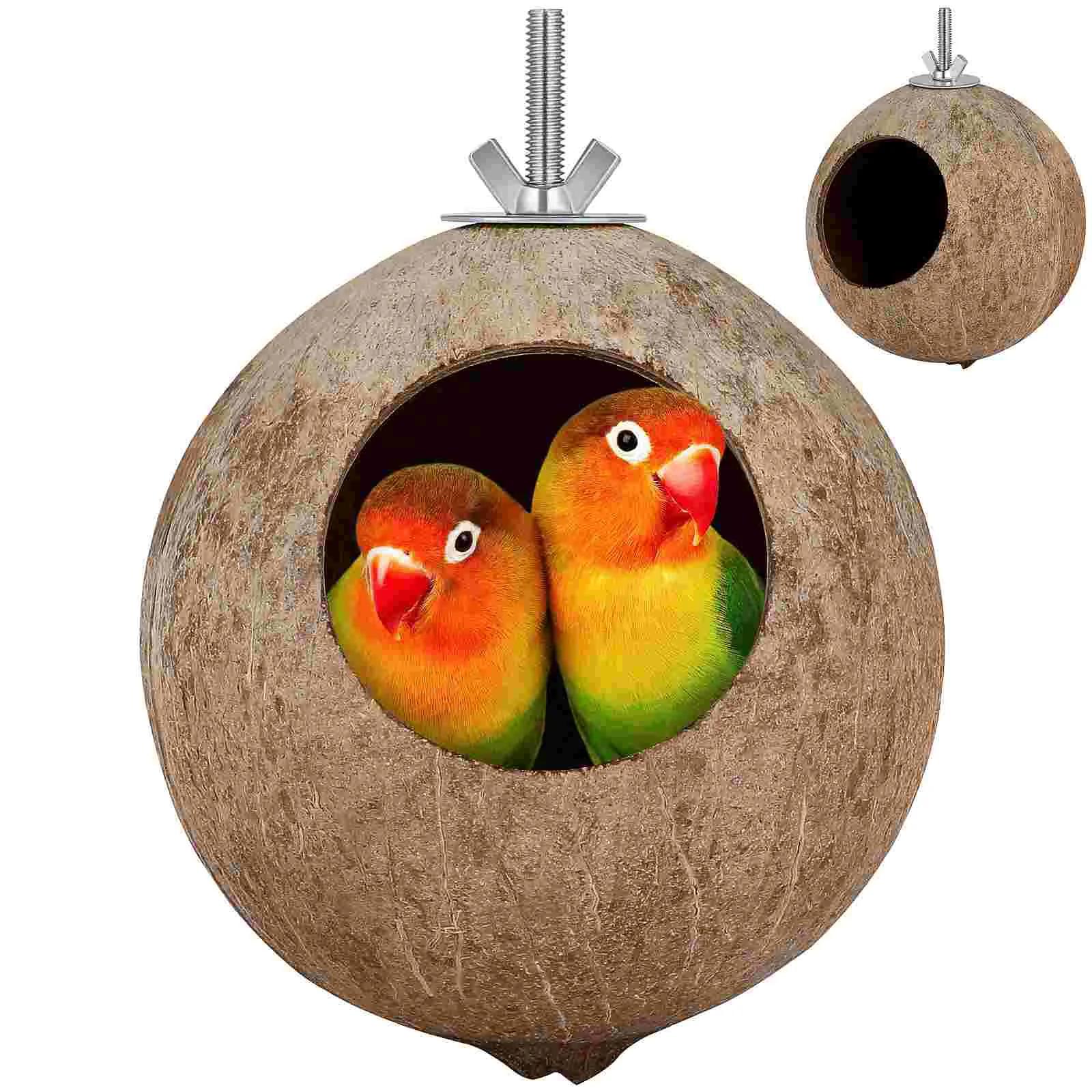 Gaiolas De Gaiola De Madeira De Bambu, Ninho De Pássaros De Estimação, Pendurando a casca de coco do pássaro - Image 1