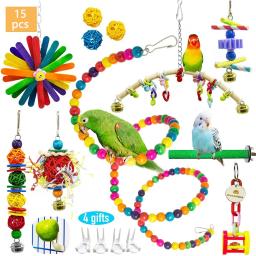 Brinquedos De Gaiola De Pássaro De Madeira, Balanço Do Pássaro, Ponte De Mordida De Mastigar Confiável, Forma De Grânulo, Brinquedos De Papagaio, 15 Pcs - Image 1