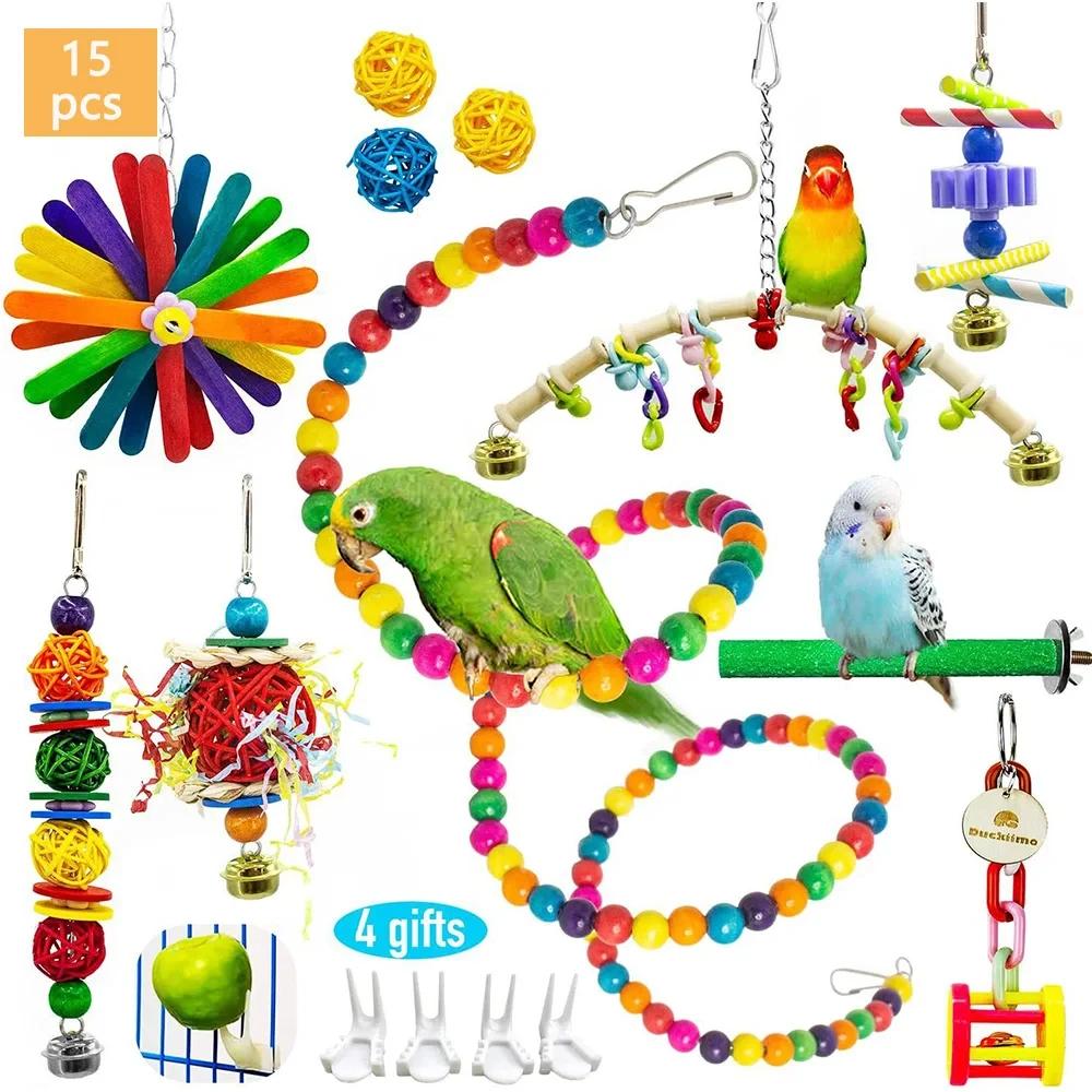Brinquedos De Gaiola De Pássaro De Madeira, Balanço Do Pássaro, Ponte De Mordida De Mastigar Confiável, Forma De Grânulo, Brinquedos De Papagaio, 15 Pcs - Image 1