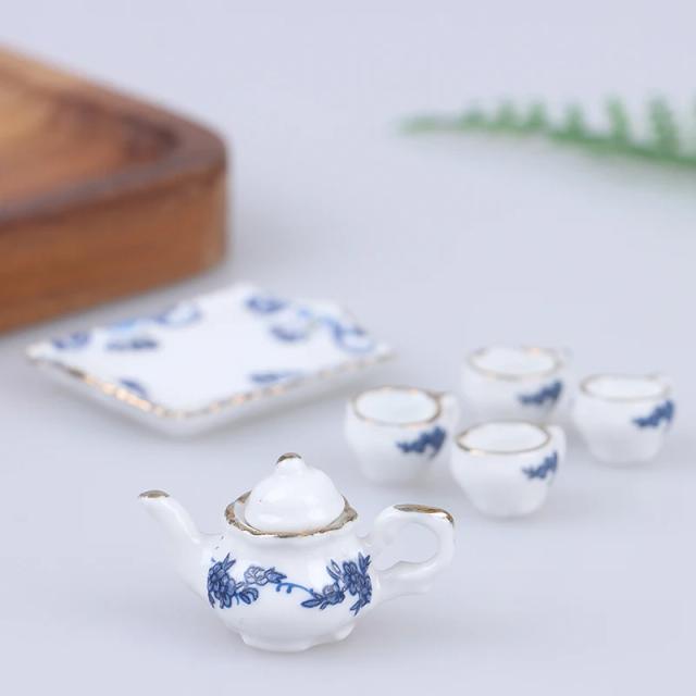 Miniatura Casa de Bonecas 1:12 Porcelana Azul e Branca Conjunto de Chá