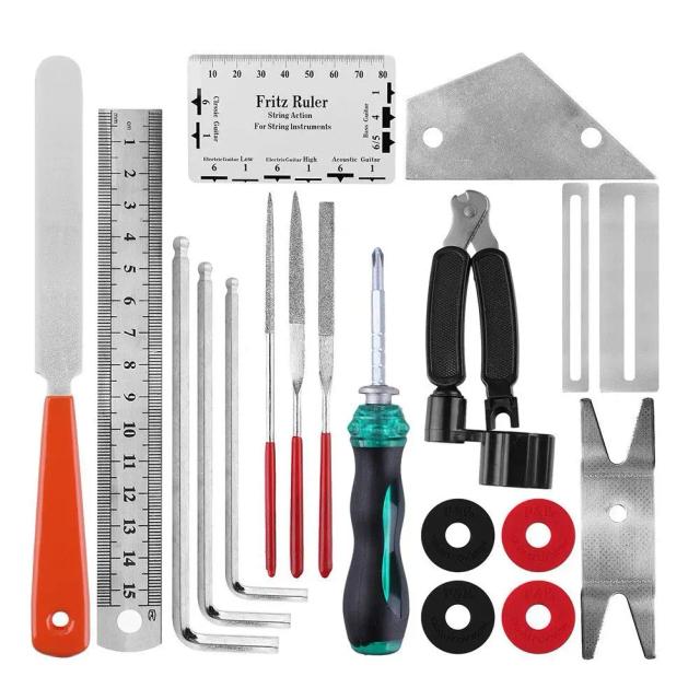 Kit Completo de Ferramentas para Manutenção e Reparo de Guitarras com Winder 3 em 1, Régua de Nivelamento e Conjunto de Lixas para Trastes - 20 Peças