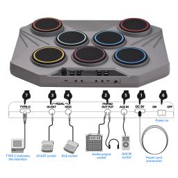 Conjunto eletrônico de tambor de mesa alto-falante embutido kit de bateria digital portátil 7 zonas de strike pedal de tambor ajustável, varas, 3W - Image 3