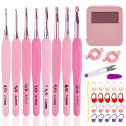 Gancho de crochê com estojo, kit de agulhas de tricô liso, silicone, durável, bem feito, rosa, 2,5mm-6mm - Image 2