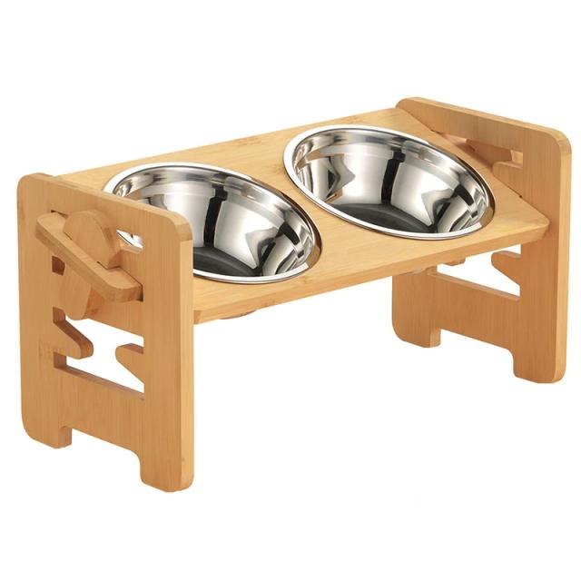 Tigelas de Bambu Ajustáveis para Cães com Suporte, Tigelas de Aço Inoxidável para Pets e Acessórios para Animais de Estimação