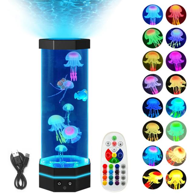 Lâmpada de Lava Medusa com Controle Remoto e Plug-In USB - Luz Noturna Bubble Fish de 15 Polegadas com 17 Cores Místicas