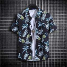 Camisa de praia de manga curta masculina, polo fino com gola alta, blusa casual justa, roupas da moda havaiana, verão - Image 1