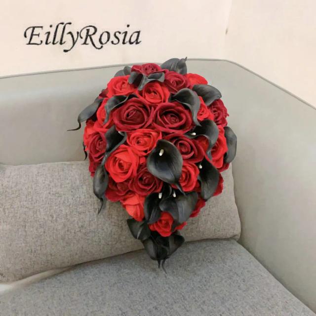 EillyRosia Bouquet de Dama de Honra e Boutonnieres do Noivo - Conjunto de Flores e Acessórios Pretos e Vermelhos em Borgonha