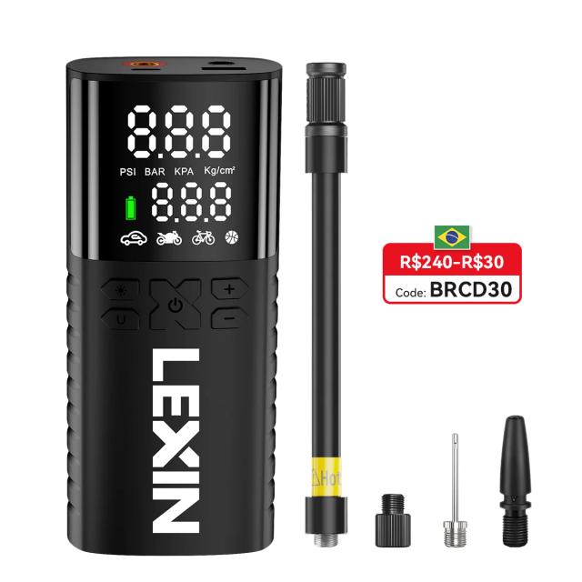 Bomba de Ar Inteligente Lexin P4 4000mAh com LED Digital e Pressão Predefinida para Motocicletas, Bicicletas e Barcos