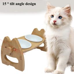 Tigela dupla cerâmica com suporte de madeira para animais de estimação, proteção do pescoço, bacia para cães e gatos, inclinação ajustável, tigelas separadas, acessórios para animais - Image 3