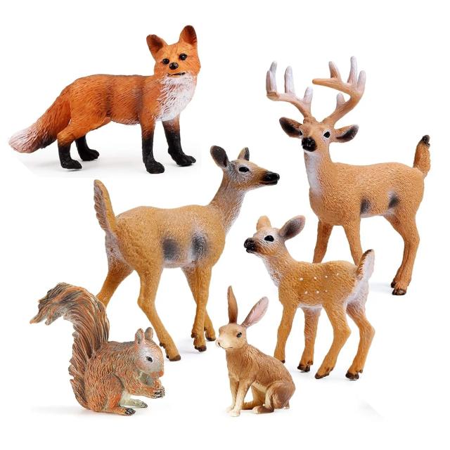 Figuras em Miniatura de Animais da Floresta para Crianças - 6 Peças com Veado, Raposa, Coelho e Esquilo para Brincadeiras e Bolo Toppers