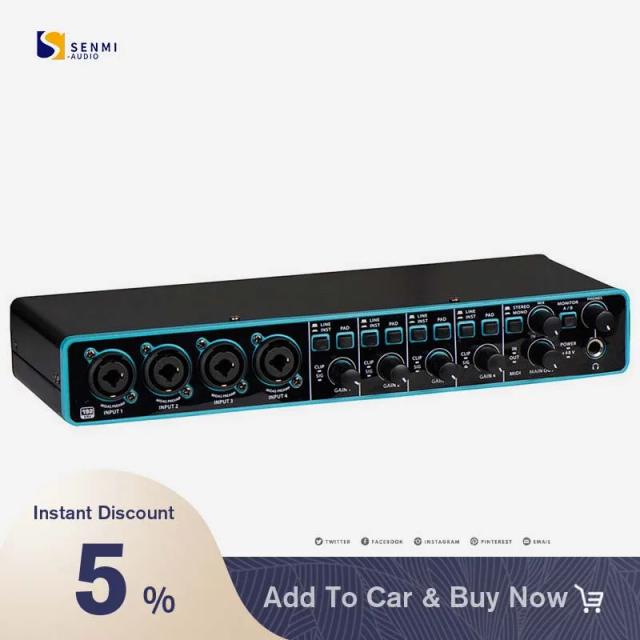 Interface de Áudio com Pré-Amplificador para Microfone e Cartão de Som USB Profissional 4x4 para Gravação