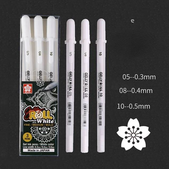 Conjunto de 3 Canetas Gelly Roll Sakura - Marcadores de Tinta Branca para Diário e Arte com Pontos Sortidos em Fino, Médio e Negrito