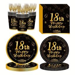 Louça Descartável para Adultos, Artigos para Festas de Aniversário, Pratos e Guardanapos de Papel Preto e Dourado, Decoração para Festa, 18 30 40 50 60 - Image 2