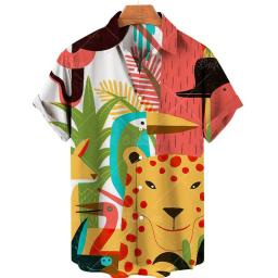 Camisa estampada de leão cão selvagem masculina, estampa de cachorro bonito, camisa de manga curta, top aberto masculino de lapela, tecido confortável - Image 6