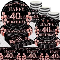 Decorações De Aniversário Para Mulheres, Ouro Rosa, Suprimentos De Aniversário, Pratos, Guardanapos, Copos, Toalha De Mesa, Louça Descartável, 40 ° - Image 1