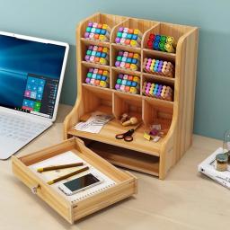 1pc organizador de mesa de madeira multifuncional desktop papelaria caneta titular caixa para escritório em casa material escolar armazenamento titular - Image 3