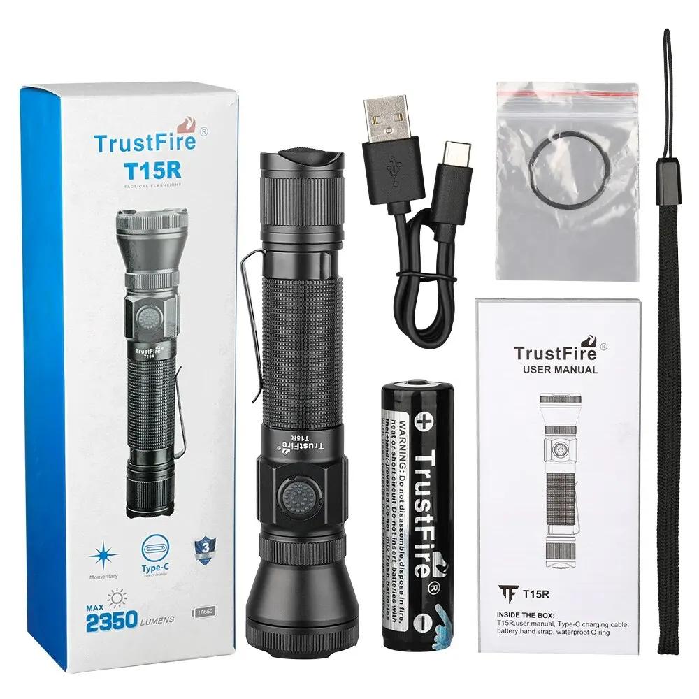 Trustfire t15r lanterna led de alta potência 2350 lúmen exército tático poderosa tocha luz typec usb recarregável 18650 lâmpada militar - Image 1