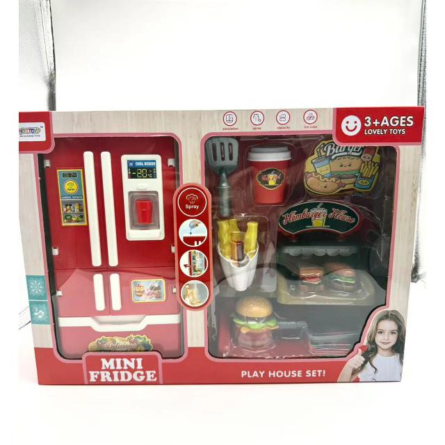 Conjunto de Cozinha de Brincar com Spray de Água e Vapor, Mini Geladeira e Acessórios para Hambúrguer e Batatas Fritas