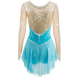 Vestido colorido brilhante de patinação artística feminino, saia de balé infantil, saia de dança feminina, manga comprida, roupa de patinação no gelo com strass - Image 3