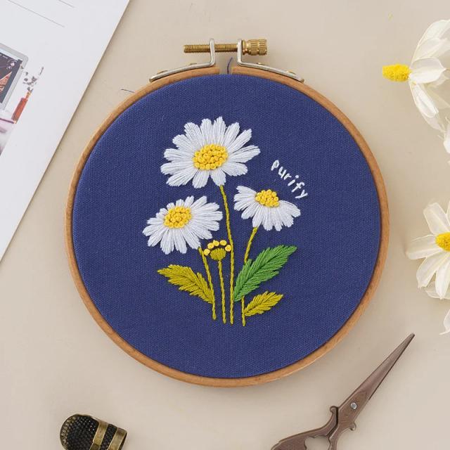 Kit Completo de Bordado Iniciante com Hoop e Padrão de Flores para Roupas e Ponto Cruz DIY