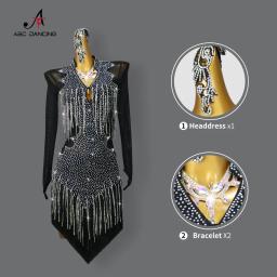 Roupa de dança preta competição latina traje vestido de baile feminino festa dancewear linha saia patinação artística meninas samba esporte terno - Image 2