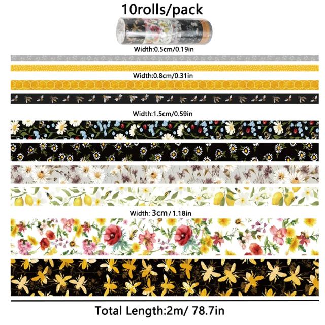 Fita Decorativa Temática Washi Bee para Artesanato DIY - 10 Adesivos Perfeitos para Embrulho de Presentes e Scrapbooking
