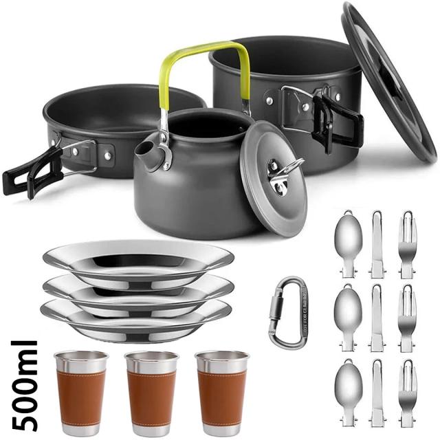 Conjunto Completo de Cozinha para Acampamento com Panelas Antiaderentes e Bule para Piqueniques ao Ar Livre para 2-3 Pessoas