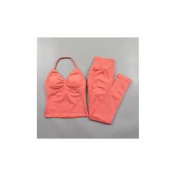 Um conjunto de yoga de leggings de impacto de alta elasticidade das mulheres de fitness de 2 peças, calças justas de impacto de fitness e alça de pescoço yoga exerc - Image 2