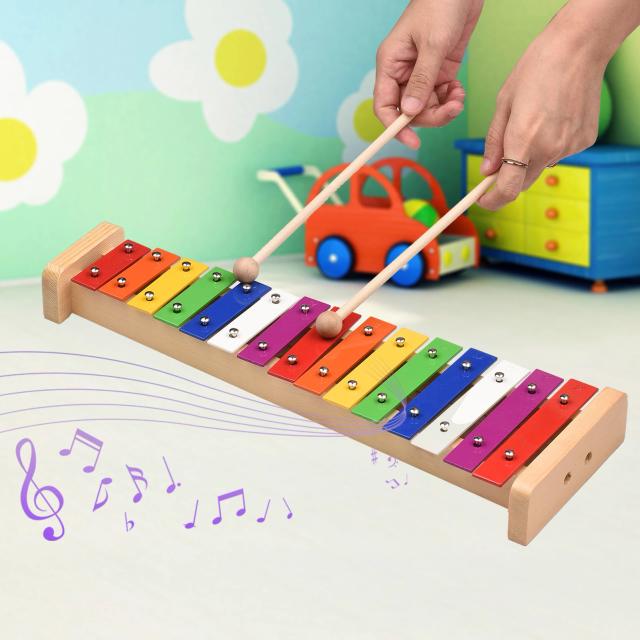 Glockenspiel Xilofone com Base de Madeira e Barras Coloridas em Alumínio - Instrumento Musical Educativo e Presente de Percussão com 15 Notas