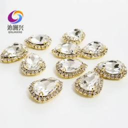 Fundo dourado Top Grade Vidro Fivela De Cristal, Gota Forma, branco Sew em Strass, DIY Decoração Do Casamento, 10Pcs por Pacote, fábrica vendas - Image 5