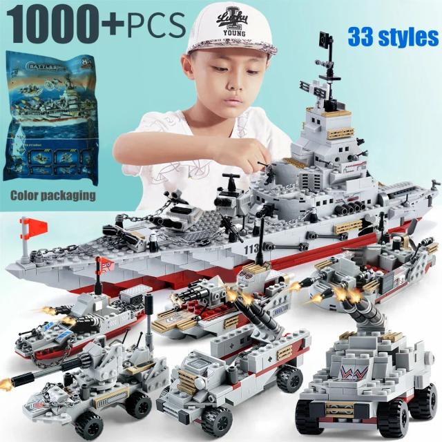 Conjunto de Blocos de Montar Navios de Guerra com 1000 Peças - Brinquedos Educativos para Crianças, Inclui Barcos da Marinha e Aviões