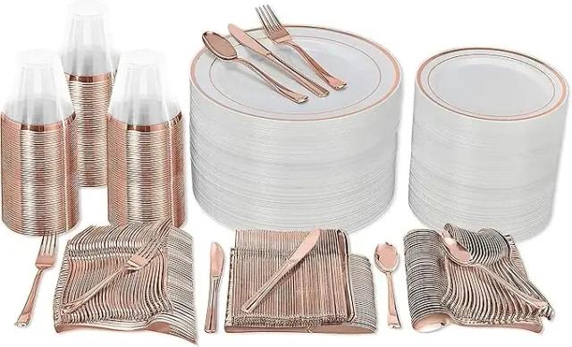 Conjunto de Louças Descartáveis de 600 Peças em Ouro para Festas - Inclui 100 Pratos de Jantar Grandes para 100 Convidados