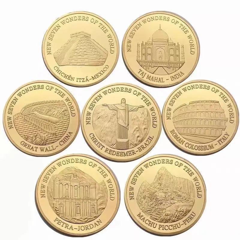 Seven Wonders-Banhado a ouro Challenge Coin, Badge World Architecture, Decoração Gold Coin, Coleção de Moedas Comemorativas, 7 peças por conjunto - Image 1