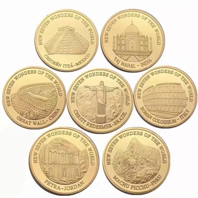 Deslumbrante Conjunto de Moedas Comemorativas: Seven Wonders em Edição Banhada a Ouro com 7 Peças de Arquitetura Mundial