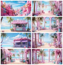 Pink Dream House Backdrop para meninas, casa de praia tropical, banner personalizado, mesa de bolo, decoração de festa de aniversário - Image 1