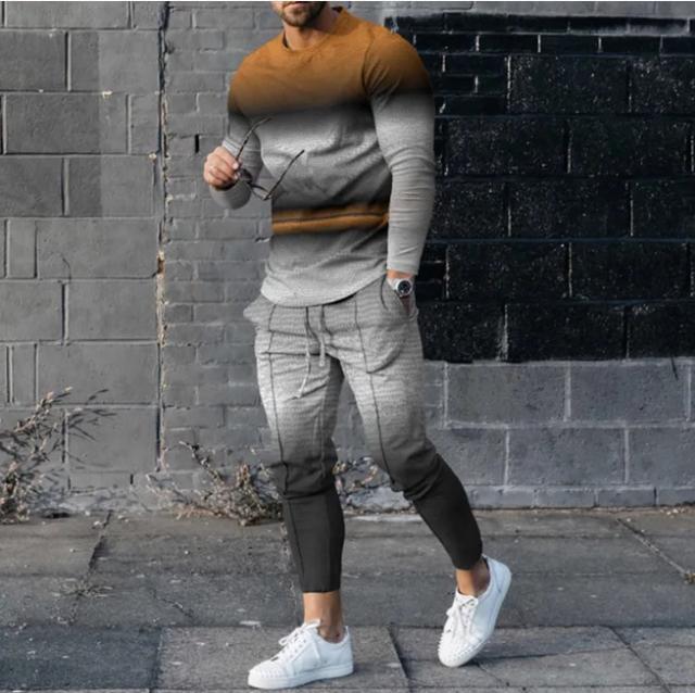 Conjunto Masculino de Roupa de Treino Listrada com Camiseta e Calças de Manga Comprida, Moda Verão, Terno Esportivo em Tamanhos Grandes