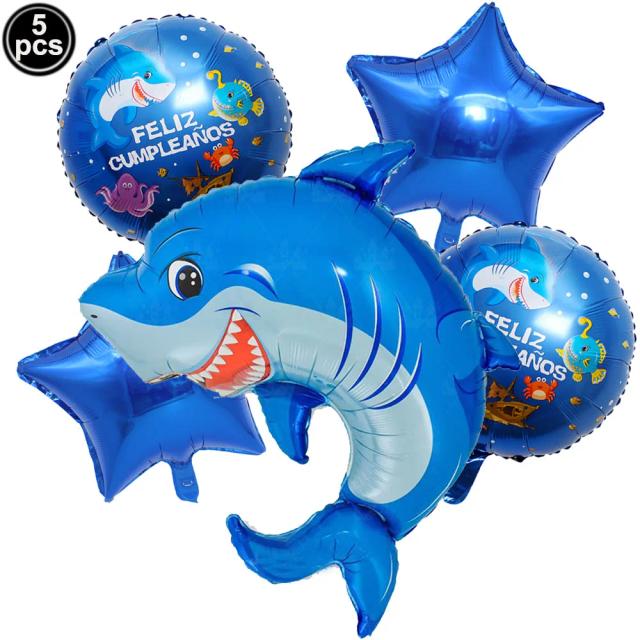 Conjunto de Balões Cartoon de Tubarão com Lantejoulas para Decoração de Festa de Aniversário Temática Marinha