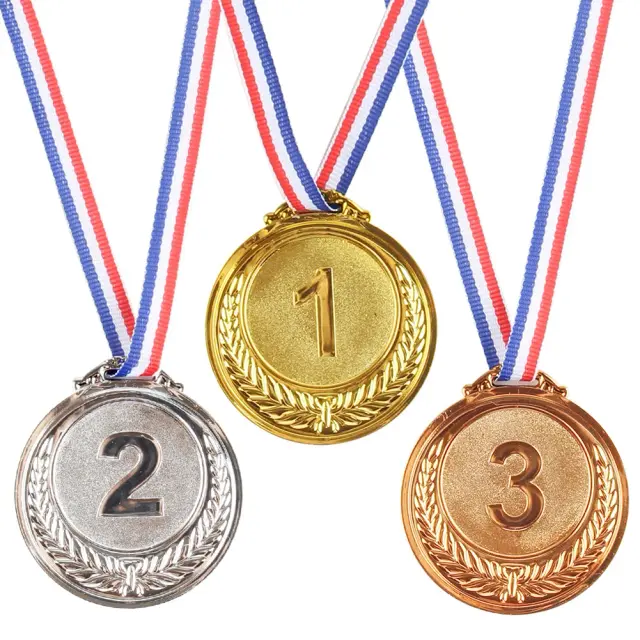 Conjunto de Medalhas de Ouro, Prata e Bronze com Fita para Competição Esportiva - 3 Peças de 6,5 cm