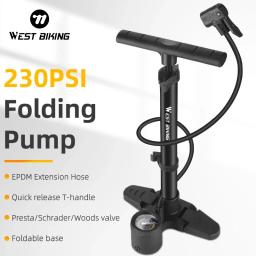 West biking-bomba de alta pressão com manômetro, liga de alumínio, dobrável, para mtb e bicicleta de estrada, inflator pneu, 230psi - Image 1