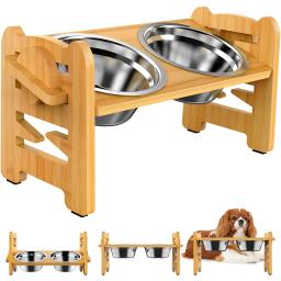 Tigelas para cães com suporte de bambu, ajustável inclinado, levantado, filhote de cachorro, gato, comida, água, suporte, alimentador de animais, acessórios - Image 1