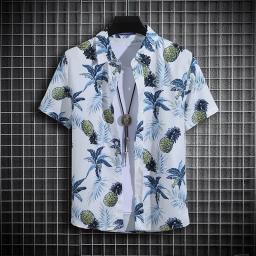 Camisa de praia de manga curta masculina, polo fino com gola alta, blusa casual justa, roupas da moda havaiana, verão - Image 2