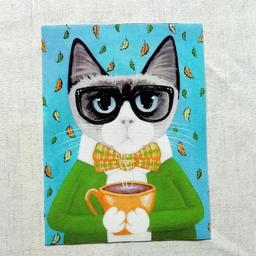 Mão Tingida Algodão Tecido De Linho, Sobremesa Cat Print, DIY Patchwork, Mão Bordados, Quilting Bag, Tecido, 15x20cm, 1Pc - Image 3