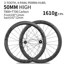 Conjunto de rodas de carbono 700C Road T800 50mm-Tubeless Ready, disco de trava central, eixo passante, aro sem gancho para estrada/cascalho, classe de corrida - Image 1