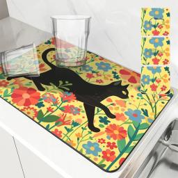 Tapete Absorvente Estilo Aquarela, Plantas Flores e Animais, Talheres Gatinho, Esteira De Secagem, Suprimentos De Cozinha, Talheres Bar Suprimentos - Image 2