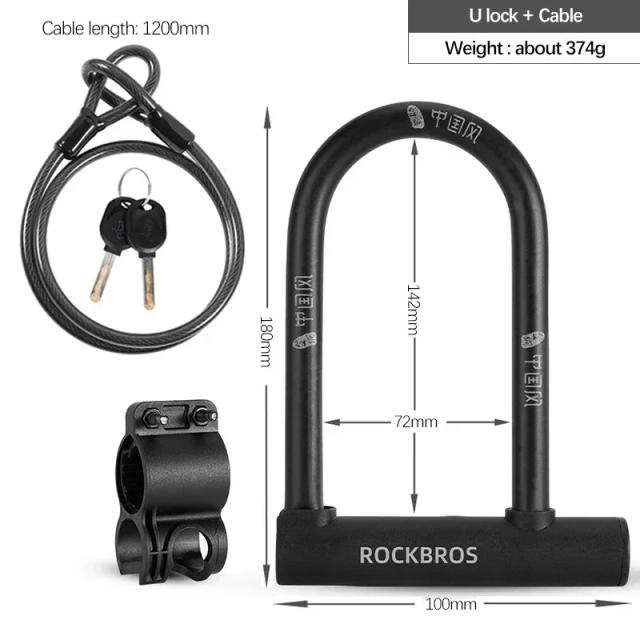 Fechadura Anti-Furto Estilo Chinês para Bicicletas e Scooters Elétricos - Cadeado em U com Cabo para Acessórios de MTB e Road Bike