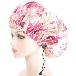 Touca de banho feminina dupla camada à prova d'água estampa floral ajustável dupla camada elástica touca de cabelo acessório de banho - Image 1