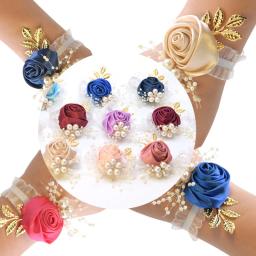 Meninas dama de honra pulso flores casamento baile festa boutonniere cetim rosa pulseira tecido mão flores casamento abastecimento acessórios - Image 3